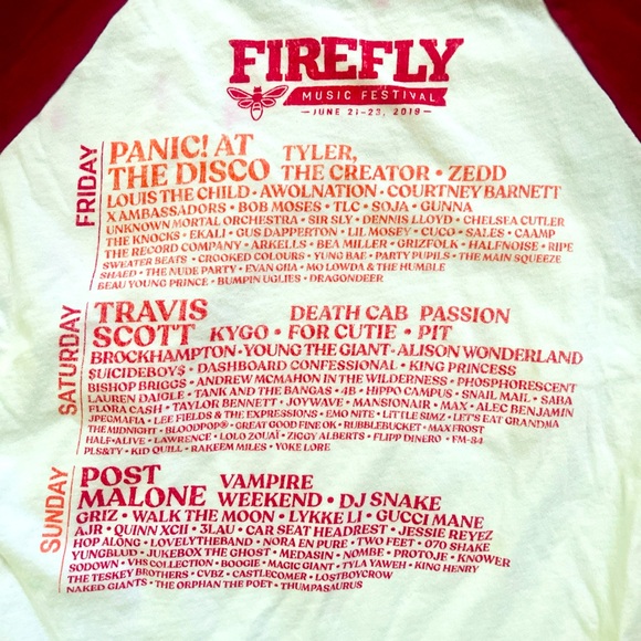 Firefly Music Festival 2019 3/4 sleeve baseball style maroon white small T-shirt - Picture 1 of 4